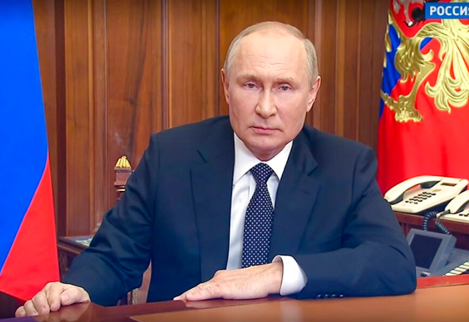 caption: In this image made from a video released by the Russian Presidential Press Service, Russian President Vladimir Putin addresses the nation in Moscow, Russia, Wednesday, Sept. 21, 2022. 