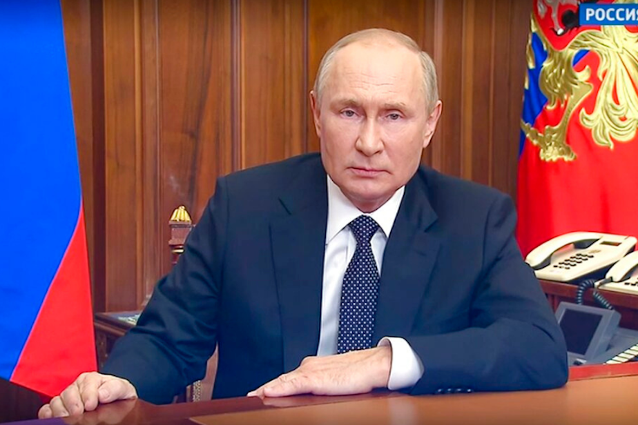 caption: In this image made from a video released by the Russian Presidential Press Service, Russian President Vladimir Putin addresses the nation in Moscow, Russia, Wednesday, Sept. 21, 2022. 