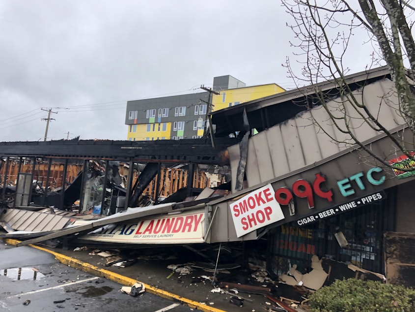caption: Losses are estimated at $2.7m from a fire Dec 28 at a strip mall in Seattle's Lake City neighborhood.