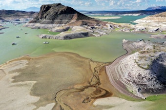 caption: Hotter than normal temperatures are exacerbating the megadrought that's depleted Western water reserves, like Elephant Butte Reservoir in southern New Mexico, new research finds.