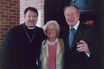 caption: Rev. Russell Levenson, Jr. of St. Martin's Episcopal Church in Houston with former first lady Barbara Bush and former President George. H.W. Bush after a morning worship service. Levenson details his friendship with the Bushes and what he learned from them and how they lived their faith in his new book <em>Witness to Dignity: The Life and Faith of George H.W. and Barbara Bush.</em>