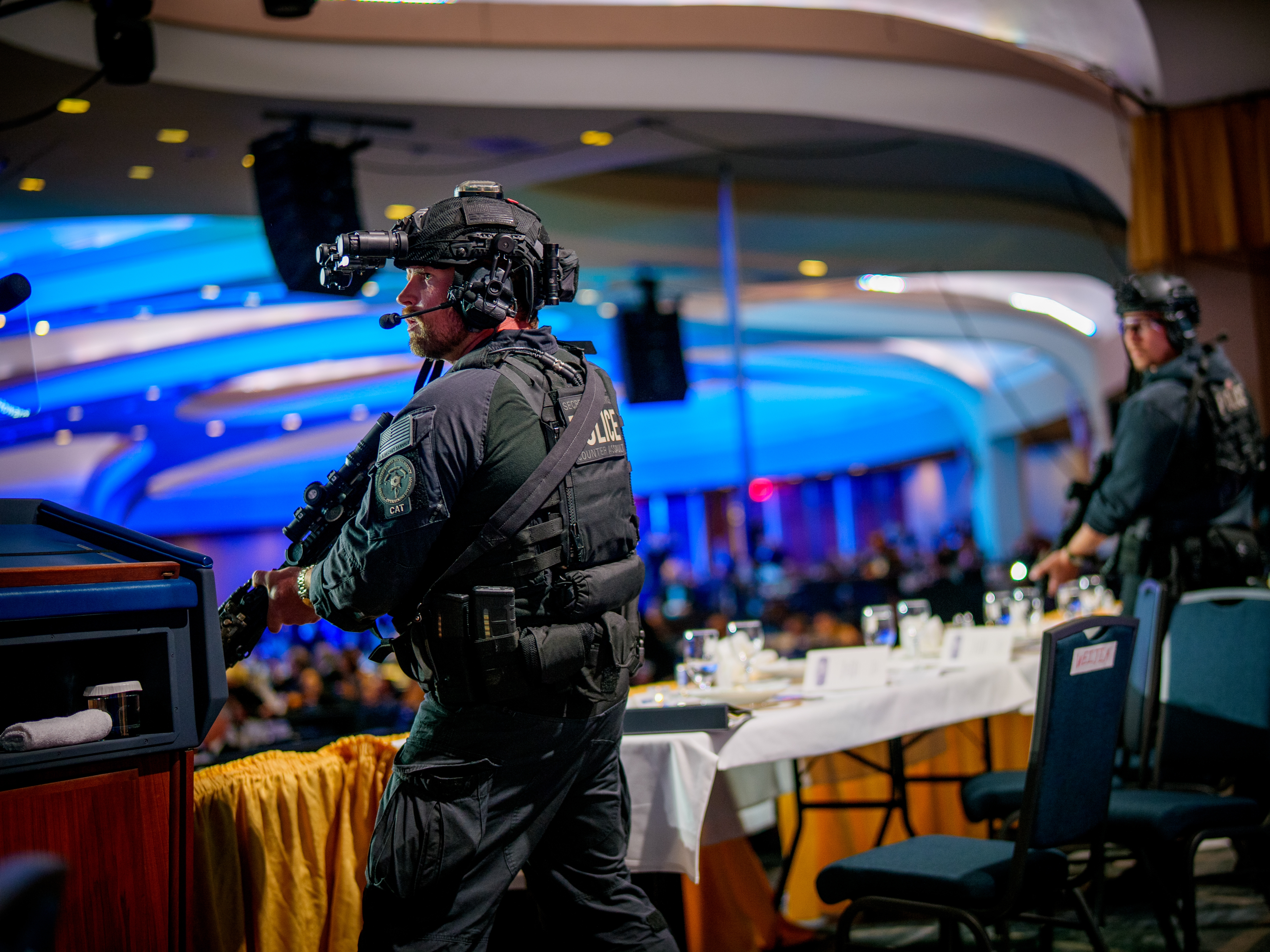 caption: Secret Service agents responded to a shooting at the annual White House Correspondents' Association Dinner at the Washington Hilton on Saturday evening. President Trump and other administration officials were rushed out, and a suspect was arrested.