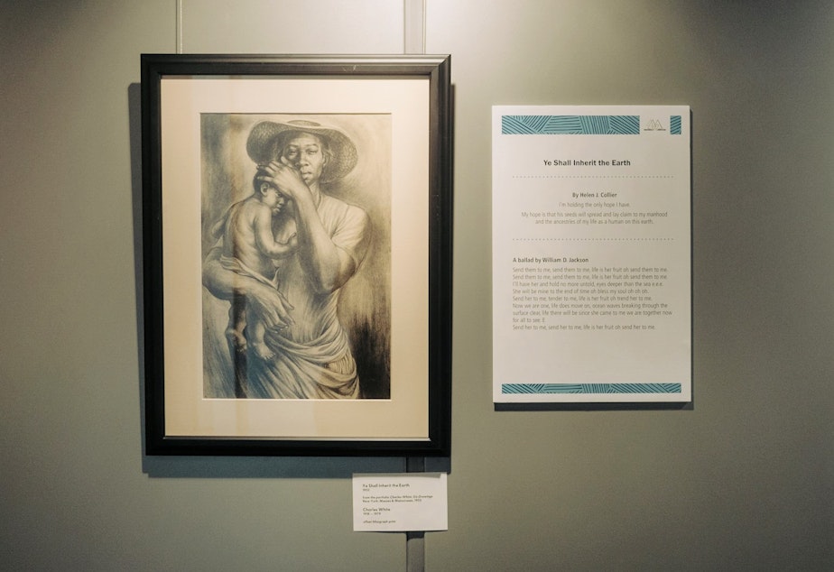 caption: A print of Charles White's "Ye Shall Inherit the Earth" is featured in Seattle Public Library's "Black Activism in Print" exhibit.