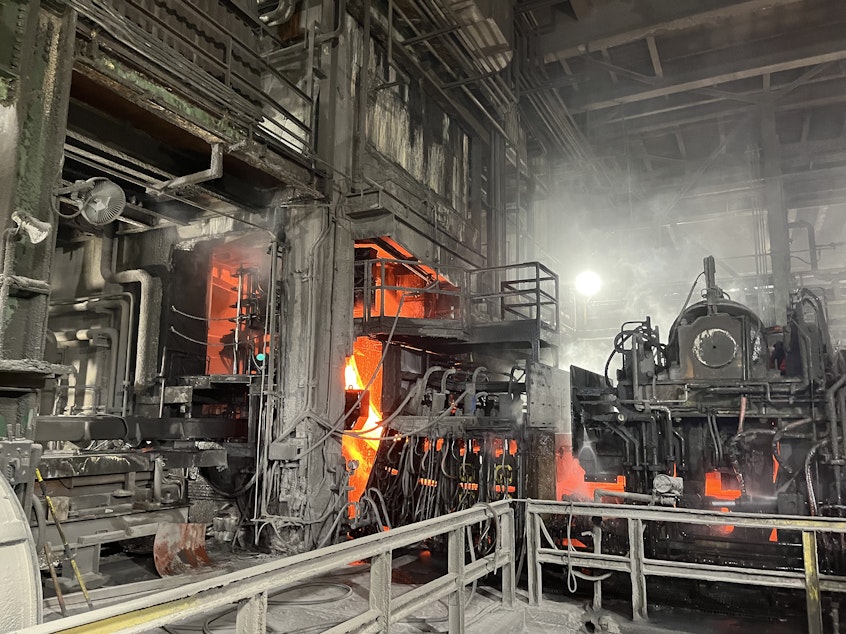 caption: Nucor makes steel sheets and beams at its plant in Berkeley County, S.C.