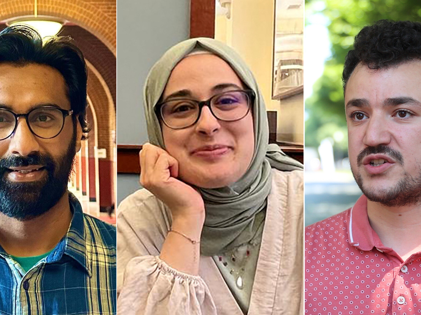 caption: Badar Khan Suri, Rumeysa Ozturk and Mahmoud Khalil were arrested by immigration officials and, in a matter of hours, were sent to detention centers in Louisiana and Texas — more than a thousand miles from home.