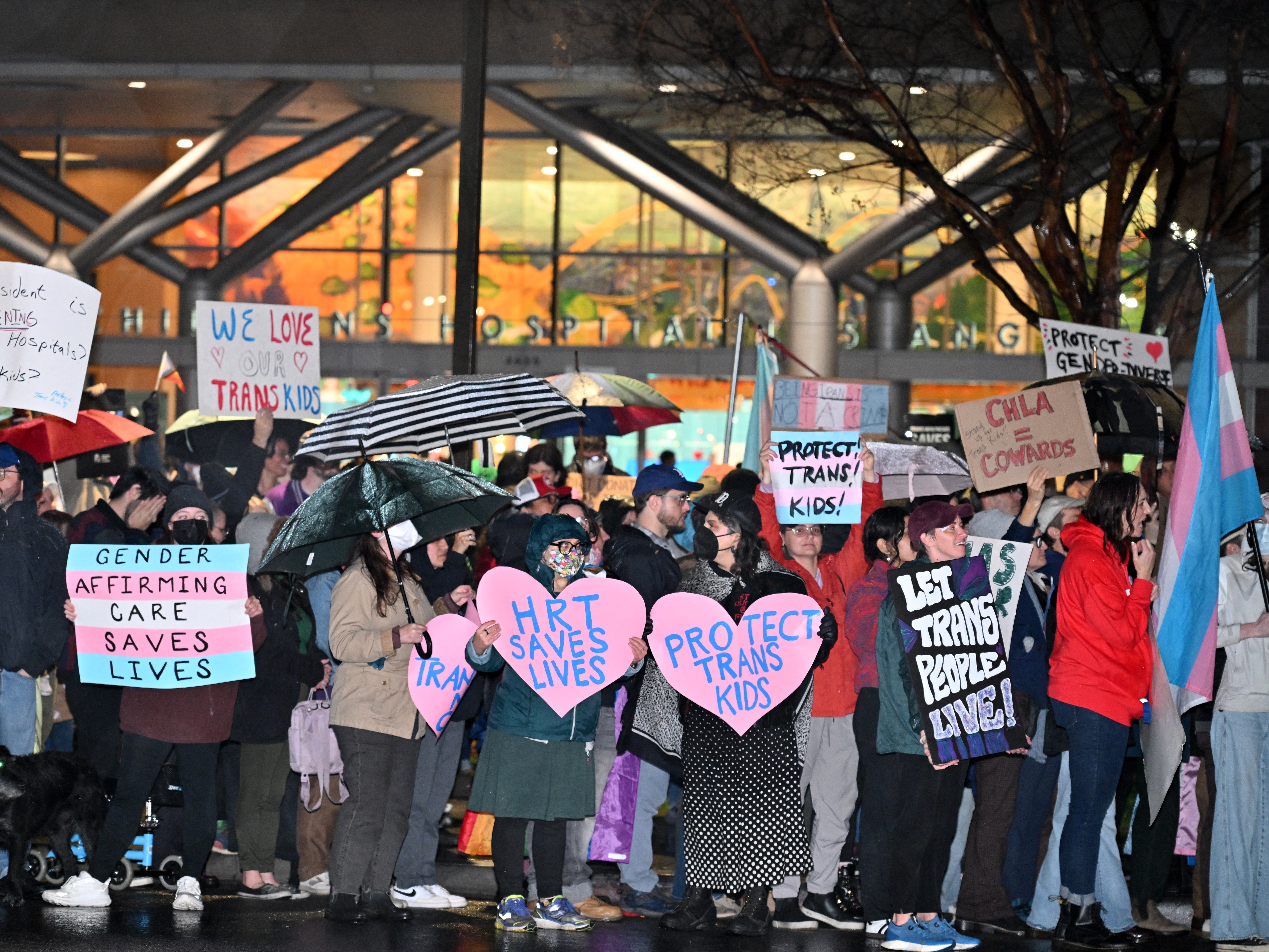 caption: Protestors gathered outside Children's Hospital Los Angeles in February after President Trump's executive order to stop federal funding for hospitals that provide gender-affirming care to children.
