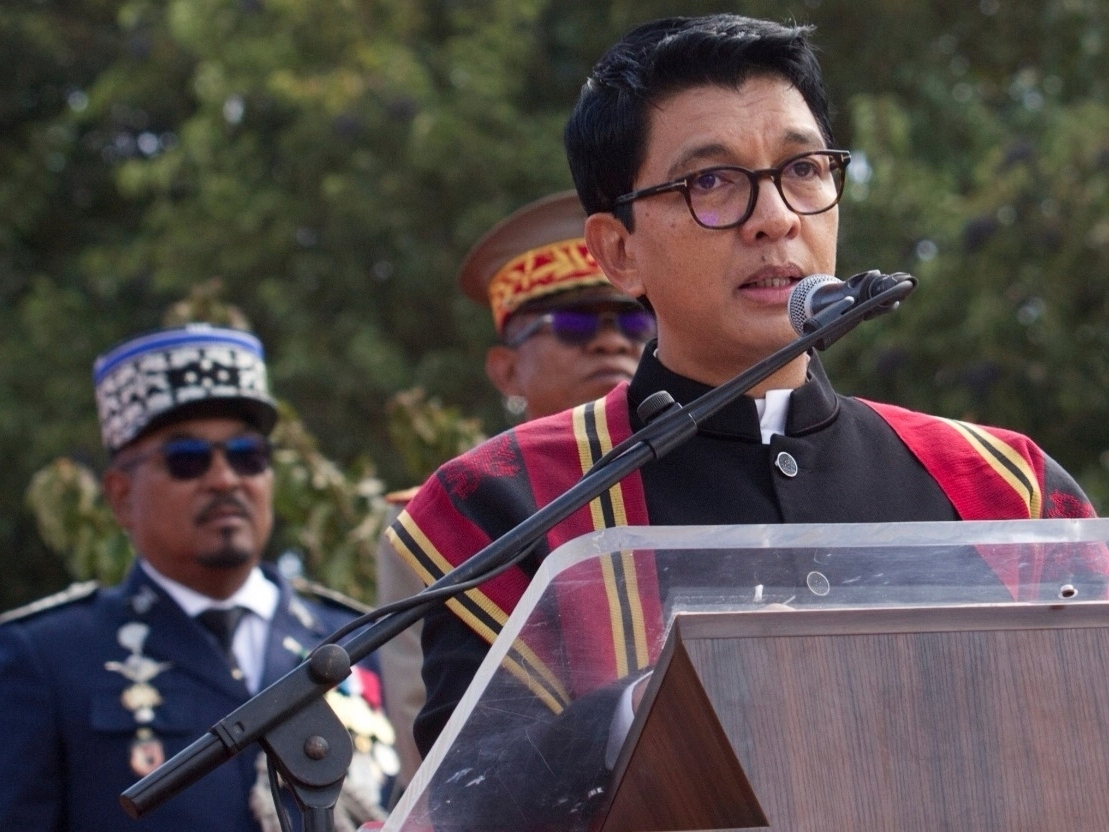 caption: President Andry Rajoelina addresses a state ceremony, Sept. 2, 2025, in Antananarivo, Madagascar.
