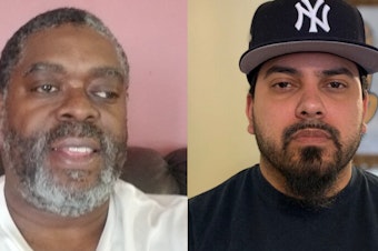 caption: New York City MTA bus operators Tyrone Hampton (left) and Frank de Jesus spoke last week about how the coronavirus pandemic has impacted their work. They talked during a remote StoryCorps conversation.