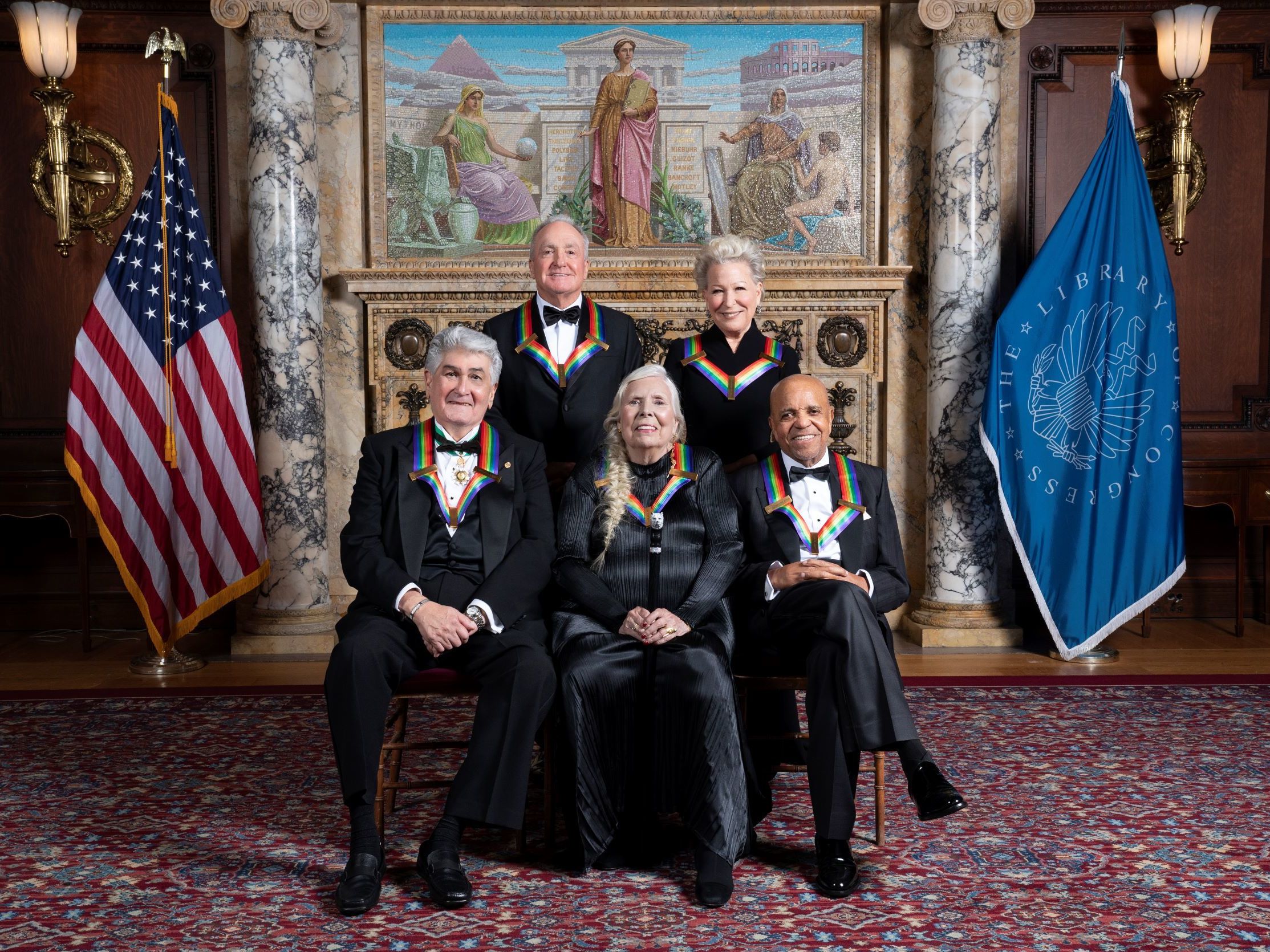 caption: The 2021 Kennedy Center honorees: (left to right) opera star Justino Díaz, <em>Saturday Night Live </em>creator Lorne Michaels, singer-songwriter Joni Mitchell, entertainer Bette Midler and Motown founder Berry Gordy.<em></em>