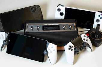 caption: From left to right, top to bottom: the Steam Deck OLED, ASUS Rog Ally, Atari 2600+, PlayStation Portal, and DualSense Edge Controller.