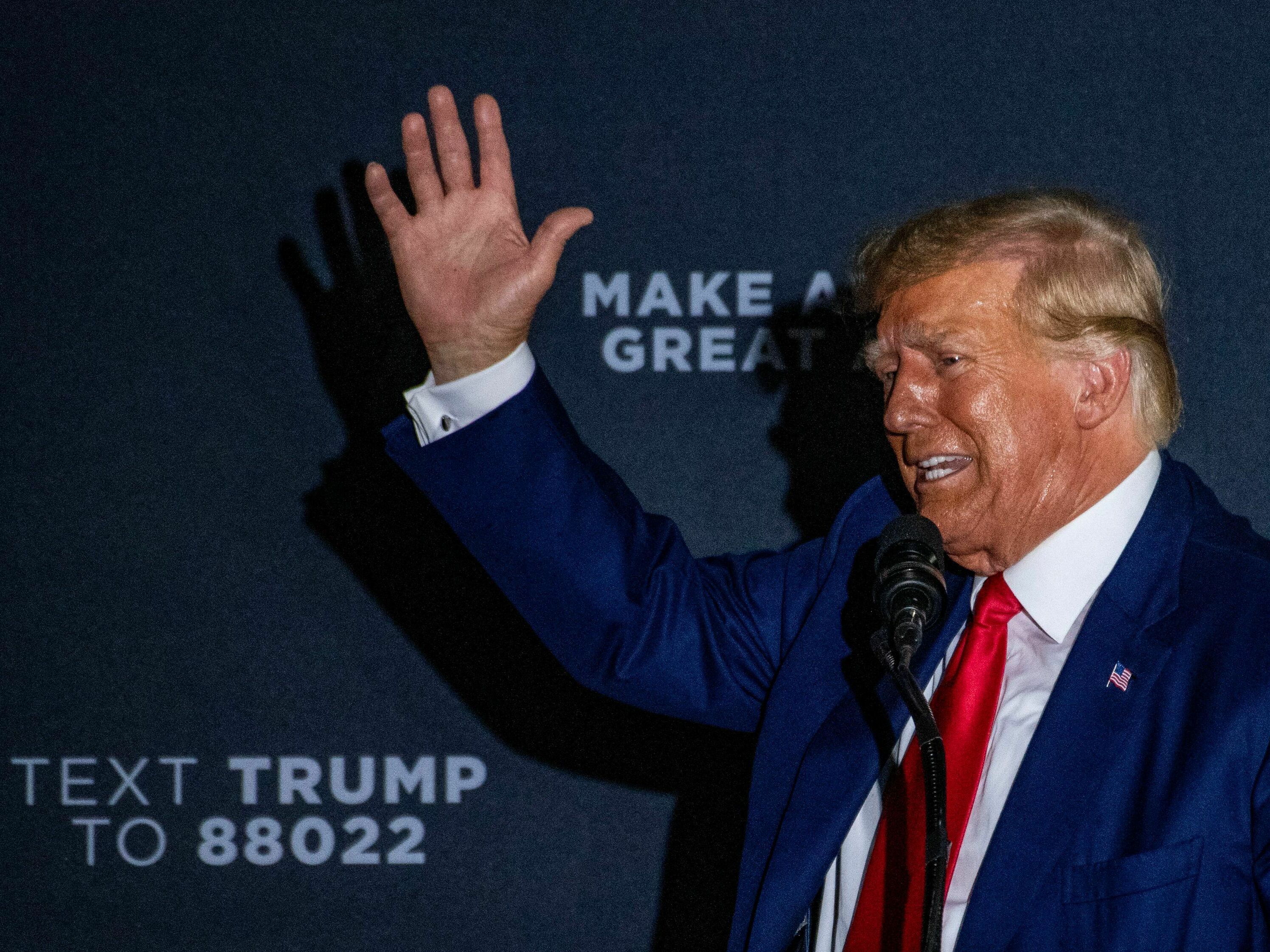 caption: Former President Donald Trump speaks during a campaign rally in Windham, N.H., on August 8.