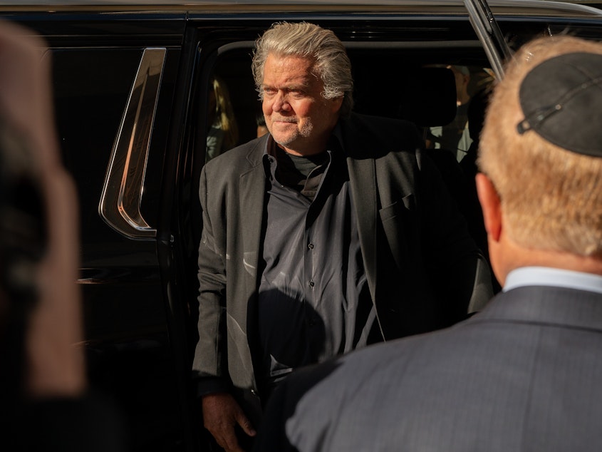 caption: Steve Bannon, former adviser to then-President Donald Trump, arrives at the N.Y. District Attorney's Office to turn himself in on Sept. 08, 2022, in New York City. Bannon faces a criminal indictment that mirrors the federal case for which he was pardoned by Trump.