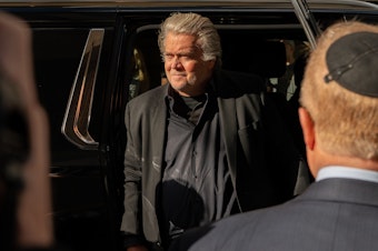 caption: Steve Bannon, former adviser to then-President Donald Trump, arrives at the N.Y. District Attorney's Office to turn himself in on Sept. 08, 2022, in New York City. Bannon faces a criminal indictment that mirrors the federal case for which he was pardoned by Trump.