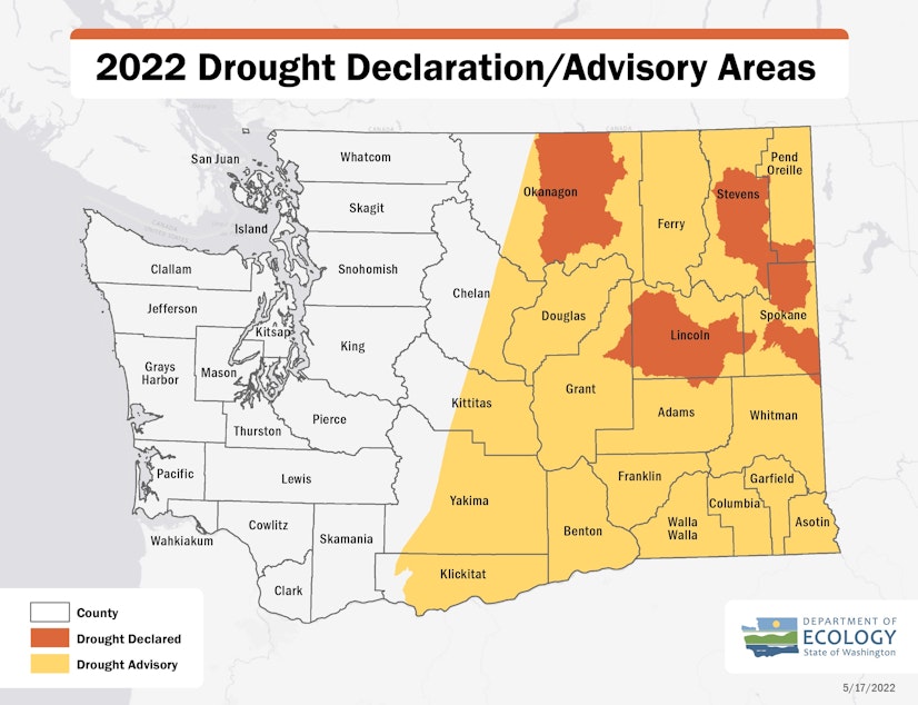 caption:  As of June 1, the western half of Washington State is no longer part under a drought order, while the rest of Washington is more of a mixed bag.