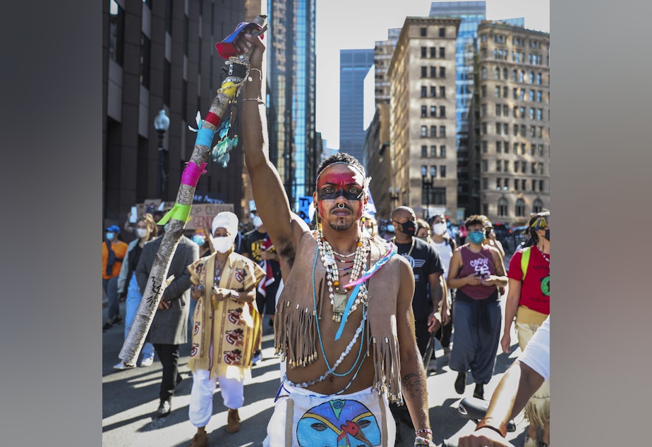 caption: Protesters marched in an Indigenous Peoples Day rally in Boston on Oct. 10, 2020, as part of a demonstration to change Columbus Day to Indigenous Peoples' Day. Boston made that change last week.
