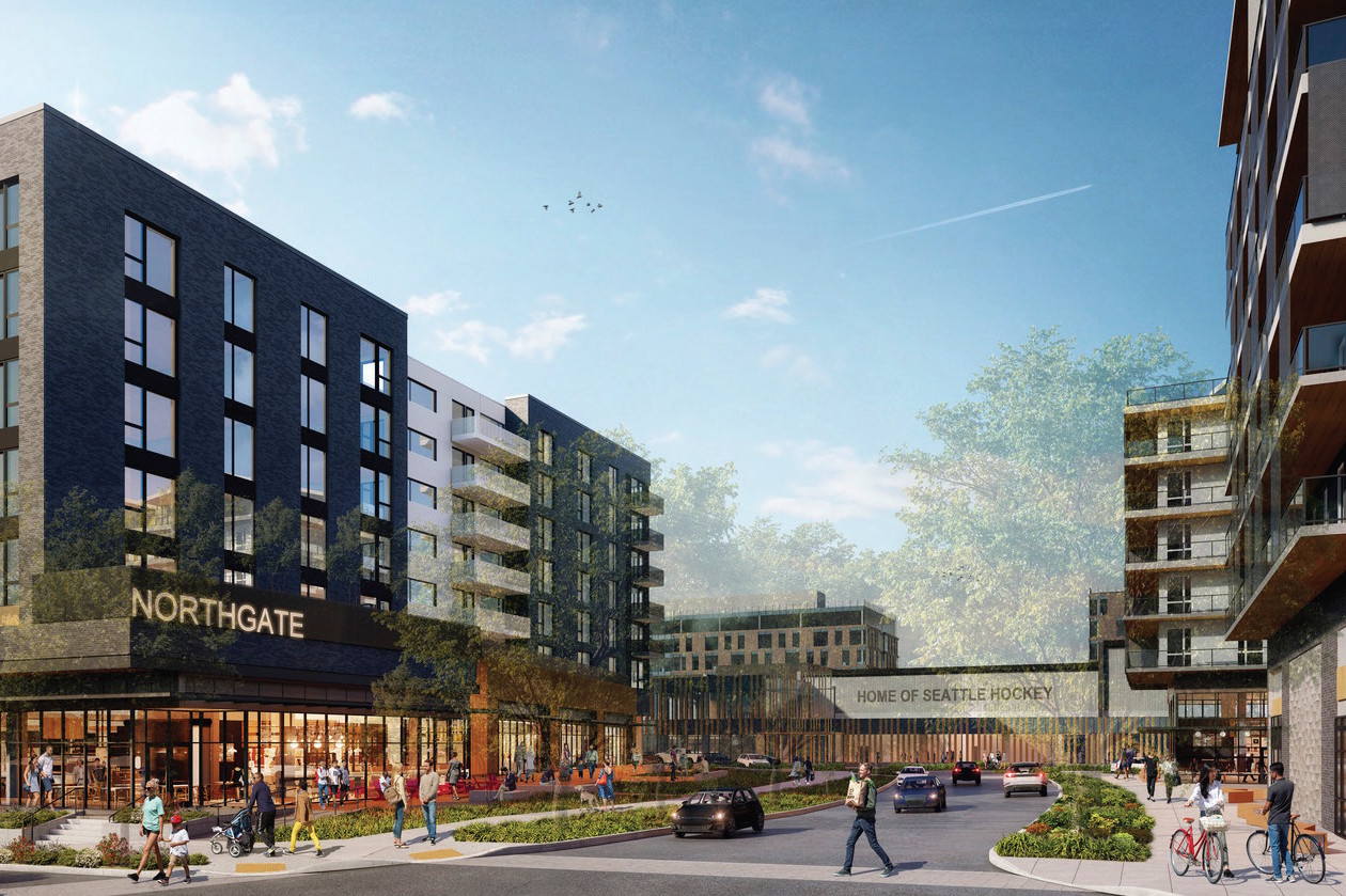 caption: An artist's rendering of housing on the former site of one of Northgate Mall's many parking lots.