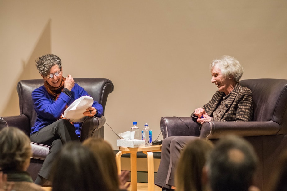 caption: KUOW's Marcie Sillman interviews Virginia Wright at the Seattle Art Museum in 2016. 