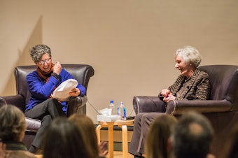 caption: KUOW's Marcie Sillman interviews Virginia Wright at the Seattle Art Museum in 2016. 