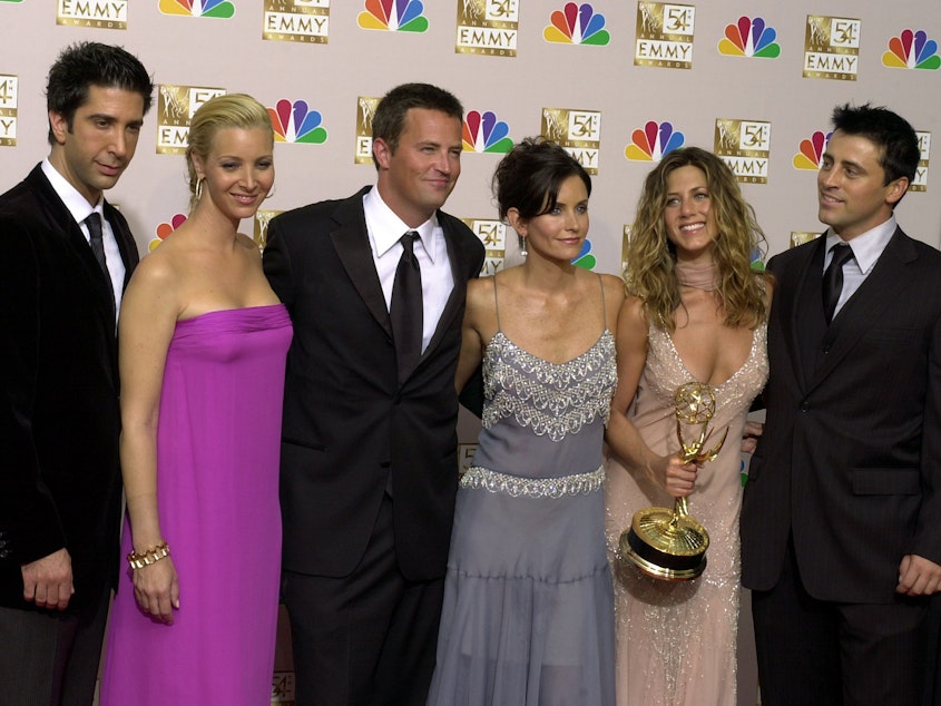 caption: The 'Friends' cast will take part in an unscripted reunion special on HBO Max in May, with all six stars of the show.  The cast of the show from left, David Schwimmer, Lisa Kudrow, Matthew Perry, Courteney Cox Arquette, Jennifer Aniston and Matt LeBlanc pose after the show won outstanding comedy series at the 54th Annual Primetime Emmy Awards, in Los Angeles in Sept. 2002.
