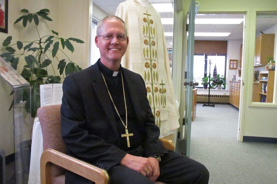 caption: Catholic Archbishop Paul Etienne Wednesday, Oct. 24, 2018, at his office in Anchorage, Alaska. 