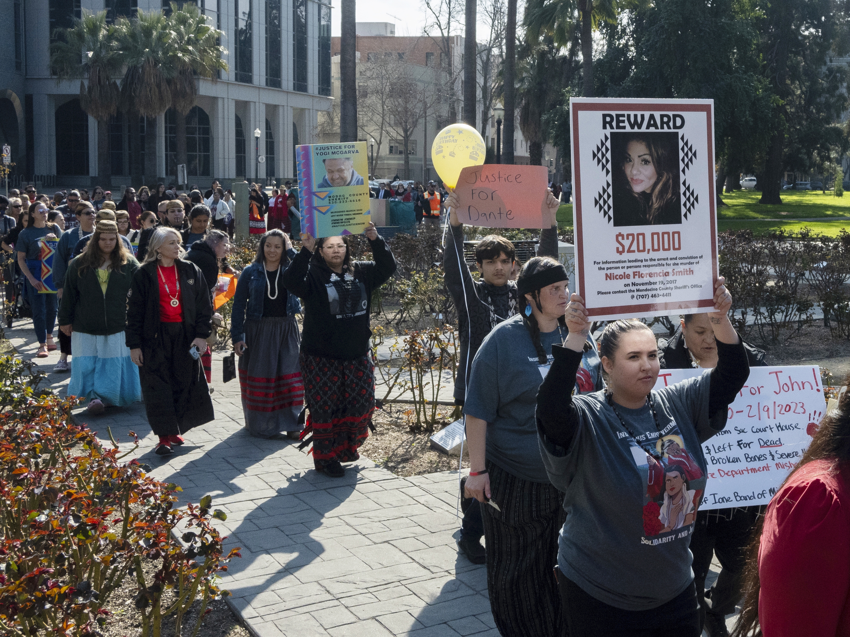 caption: The Federal Communications Commission announced its plans to launch a new nationwide alert code for missing and endangered Indigenous people who do not fit the criteria for an Amber Alert or Silver Alert. Here, family and friends of the missing and murdered march around the California State Capitol at the second annual Missing and Murdered Indigenous People Summit and Day of Action in Sacramento, Calif., on Feb. 13.