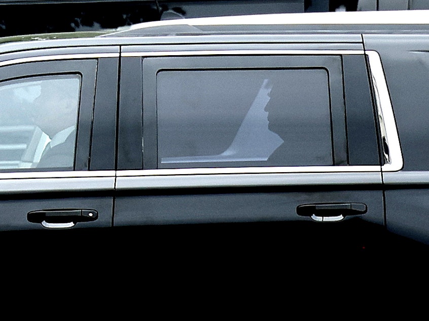 caption: Former President Donald Trump arrives at a federal court in Washington, D.C., ahead of his arraignment on August 3.