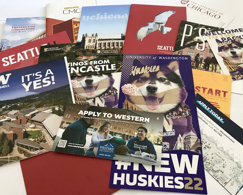 caption: During the college application process, prospective students receive a lot of mail from colleges. "This isn’t even all of it," Alayna Ly says of her pile of mail. "Most of it goes straight into the recycling." 