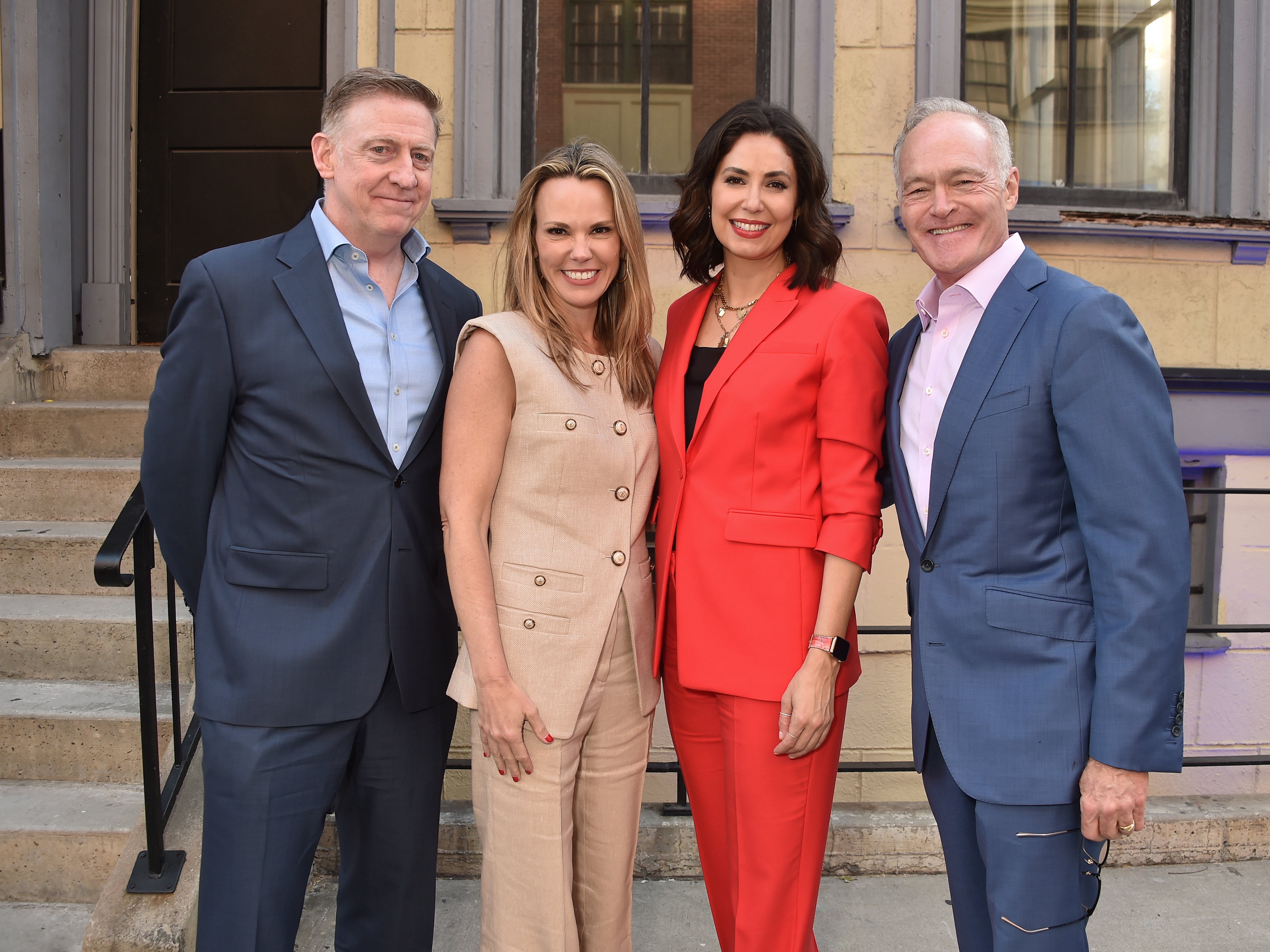 caption: CBS News President Wendy McMahon resigned on Monday. Here, McMahon (second from left) stands with former <em>60 Minutes</em> Executive Producer Bill Owens and two of the show's correspondents, Cecilia Vega and Scott Pelley, at the CBS fall schedule celebration held at Paramount Studios in May 2024.