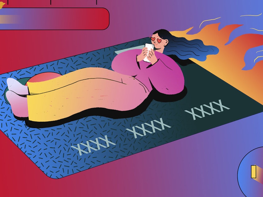 Illustration of a woman sitting on a flying credit card as it zooms through space, with flames coming out of the back. She shops online on her phone.