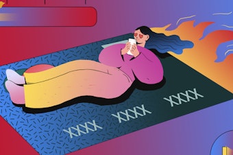 Illustration of a woman sitting on a flying credit card as it zooms through space, with flames coming out of the back. She shops online on her phone.