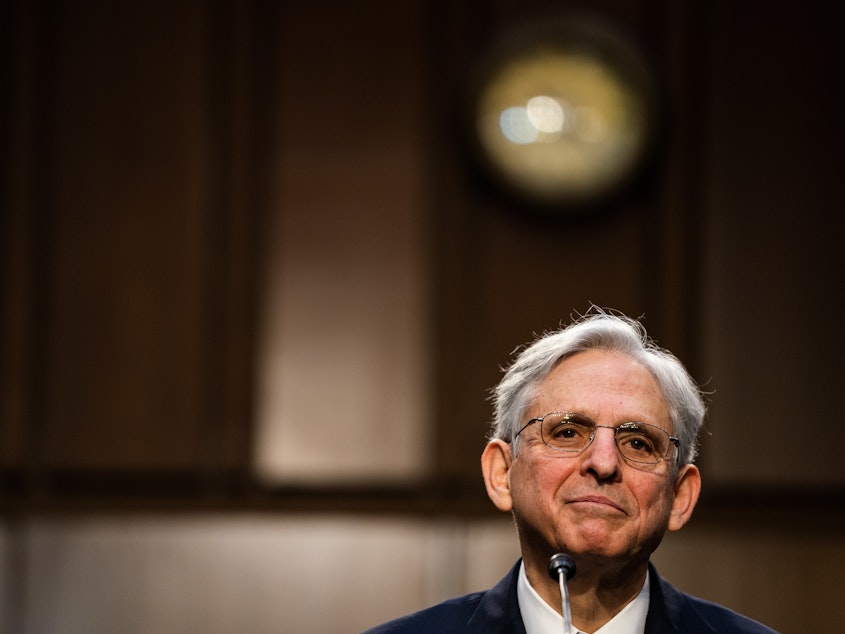 caption: Merrick Garland speaks during his confirmation hearing in the Senate Judiciary Committee on Capitol Hill on Feb. 22.