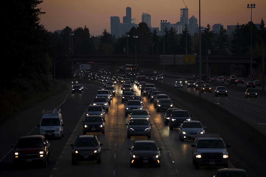 caption: Traffic is shown during rush hour along I-5 North on Monday, November 4, 2019, from Northeast 92nd Street in Seattle.