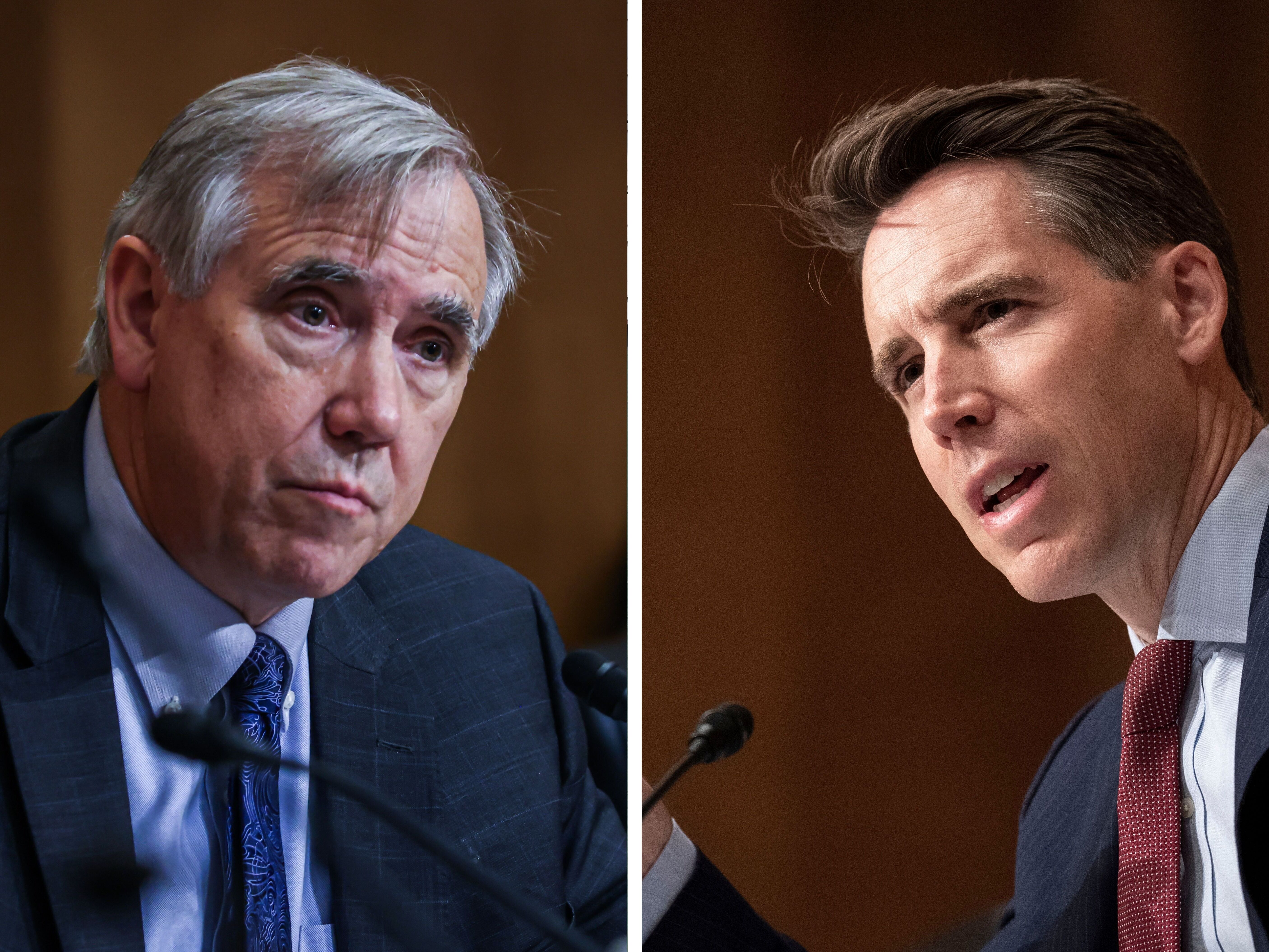 caption: Senator Jeff Merkley, a Democrat from Oregon and Senator Josh Hawley, a Republican from Missouri, are part of a group of lawmakers unveiling a bipartisan bill banning lawmakers from trading stocks.<br>