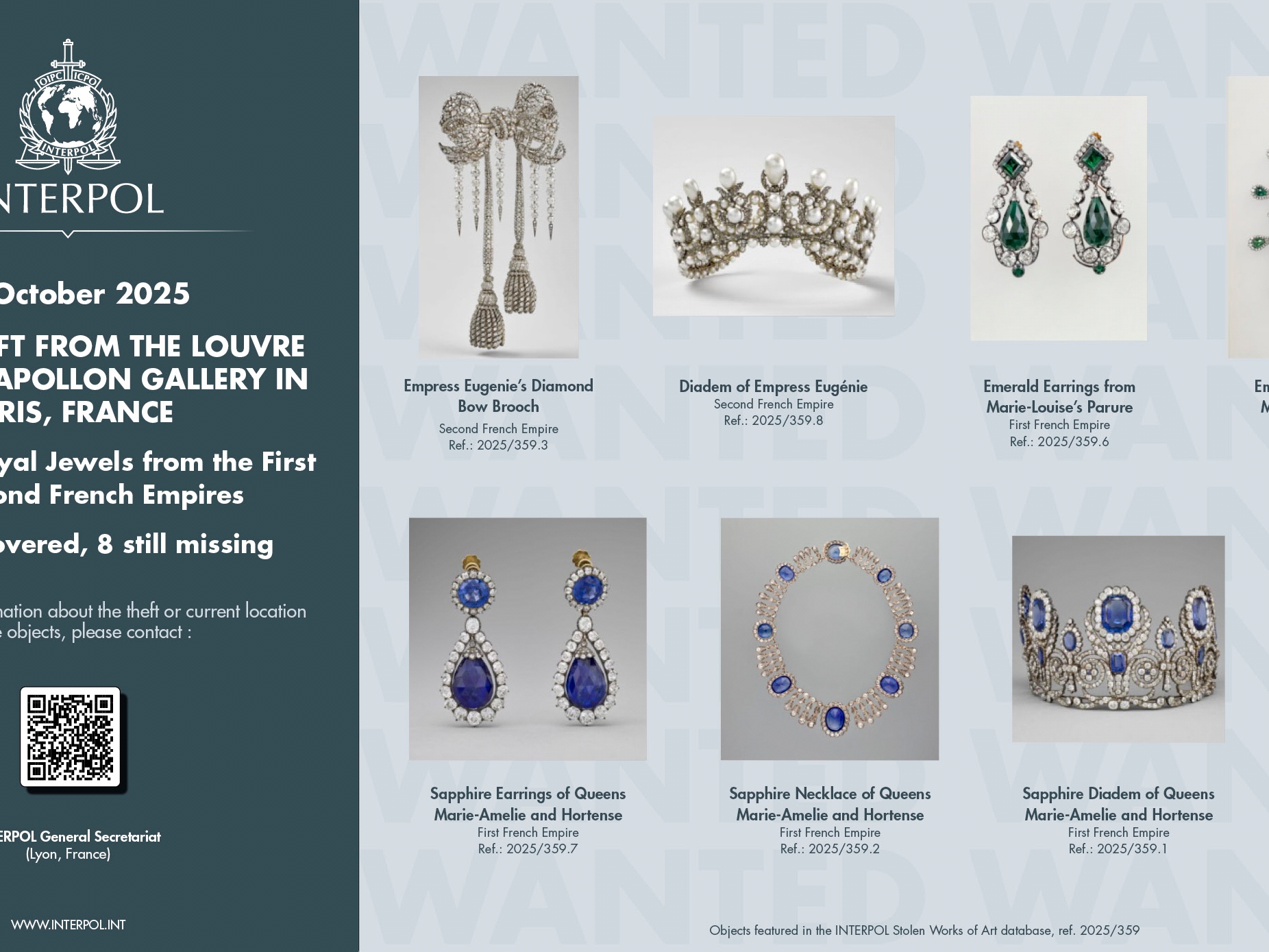 caption: This photo provided Thursday Oct. 23, 2025 by Interpol and taken from its website shows the jewels stolen in the Louvre museum on Sunday Oct.19, 2025 in Paris.