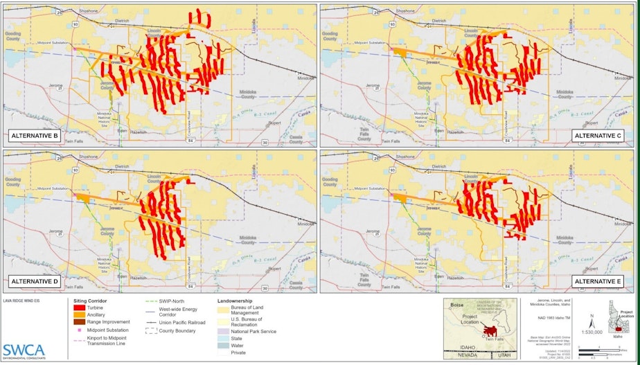 caption: The map shows four highlighted proposals of the Lava Ridge Wind Mill Project.
Alternative B (top left) Magic Valley Energy's proposal. Windmills are located two miles from the Minidoka National Historic Park.
Alternative C (top right) and alternative E (bottom left) are the options the BLM prefers.
Alternative A (not shown) is the "no action" plan that is being advocated by Japanese American activists.