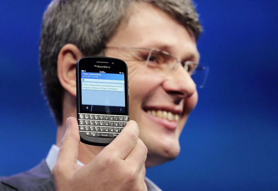 caption: Thorsten Heins, then-CEO of Research in Motion, introduces the BlackBerry Z10, Wednesday, Jan. 30, 2013 in New York.