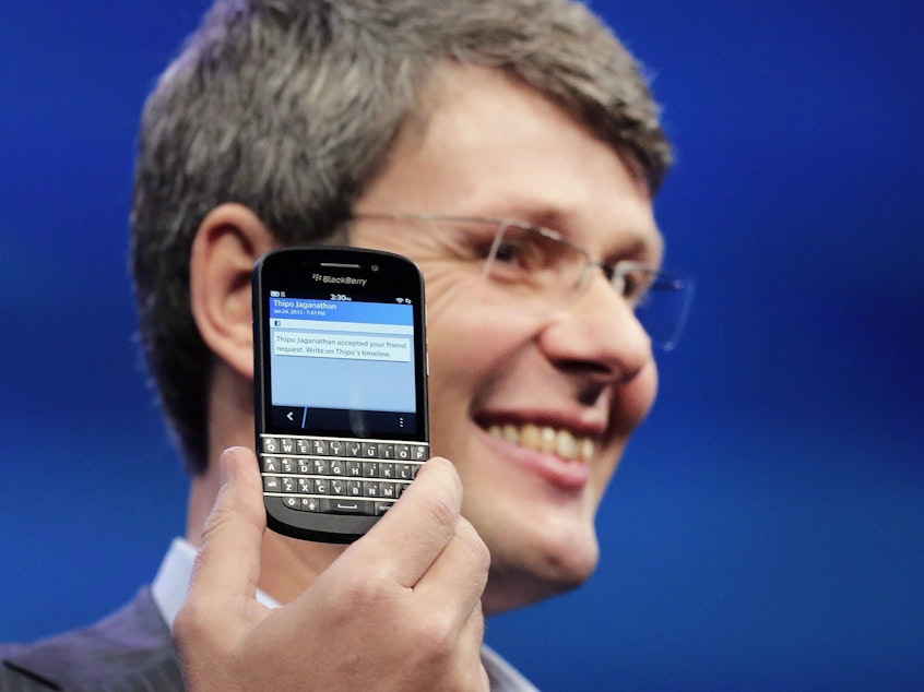 caption: Thorsten Heins, then-CEO of Research in Motion, introduces the BlackBerry Z10, Wednesday, Jan. 30, 2013 in New York.