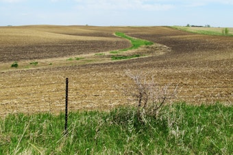 caption: Soil on hilltops in this photo is lighter in color, revealing a loss of fertile topsoil.