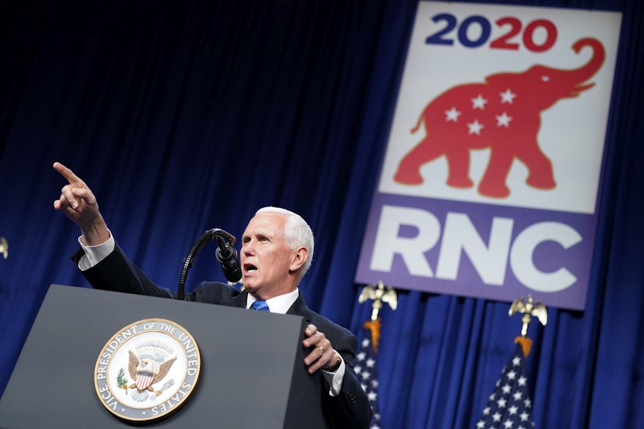 caption: Vice President Mike Pence speaks at the 2020 Republican National Convention in Charlotte, N.C., Monday, Aug. 24, 2020. (Andrew Harnik/AP Photo)