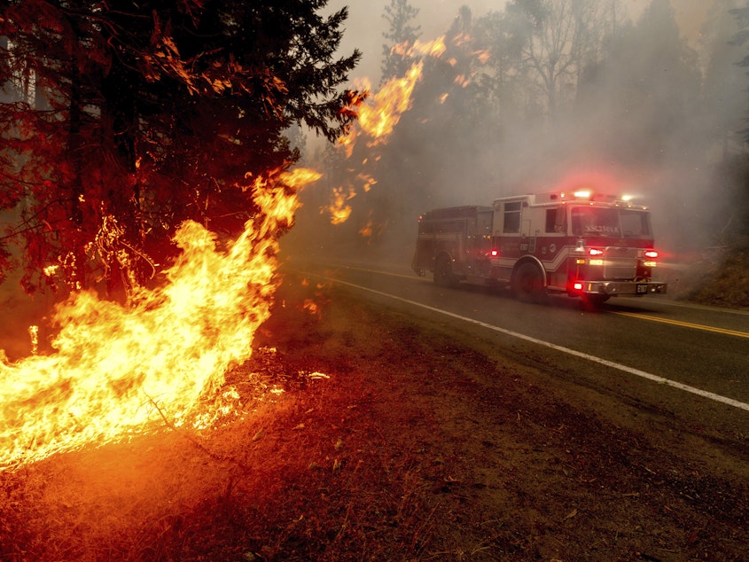 caption: A firetruck drives along state Highway 168 last month while battling the Creek Fire in the Shaver Lake community of Fresno County, Calif.