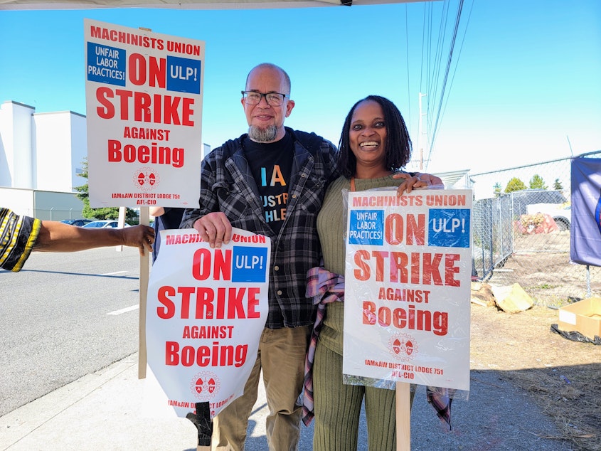 caption: James and Marcelle Shields on the picket line outside the Boeing Everett plant.