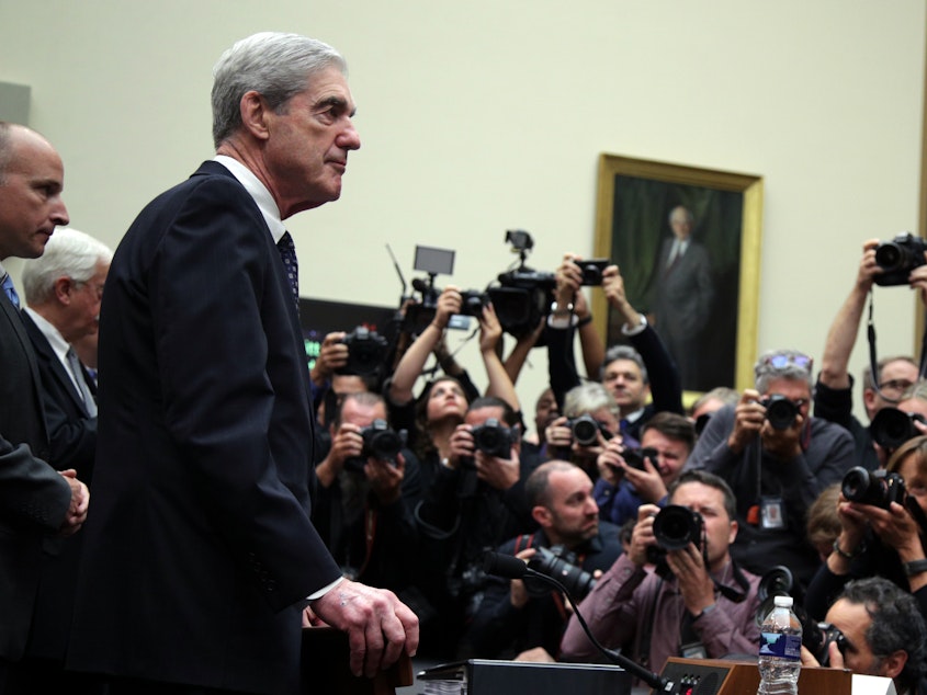 caption: Former special counsel Robert Mueller arrives to testify to the House Judiciary Committee about his report on Russian interference in the 2016 presidential election on Wednesday.