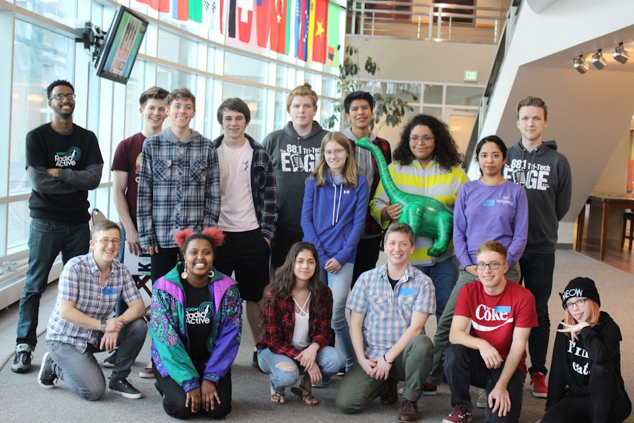 caption: Participants and mentors in RadioActive's April 2018 radio storytelling workshop for teens at WSU in the Tri-Cities, in partnership with NW Public Broadcasting.