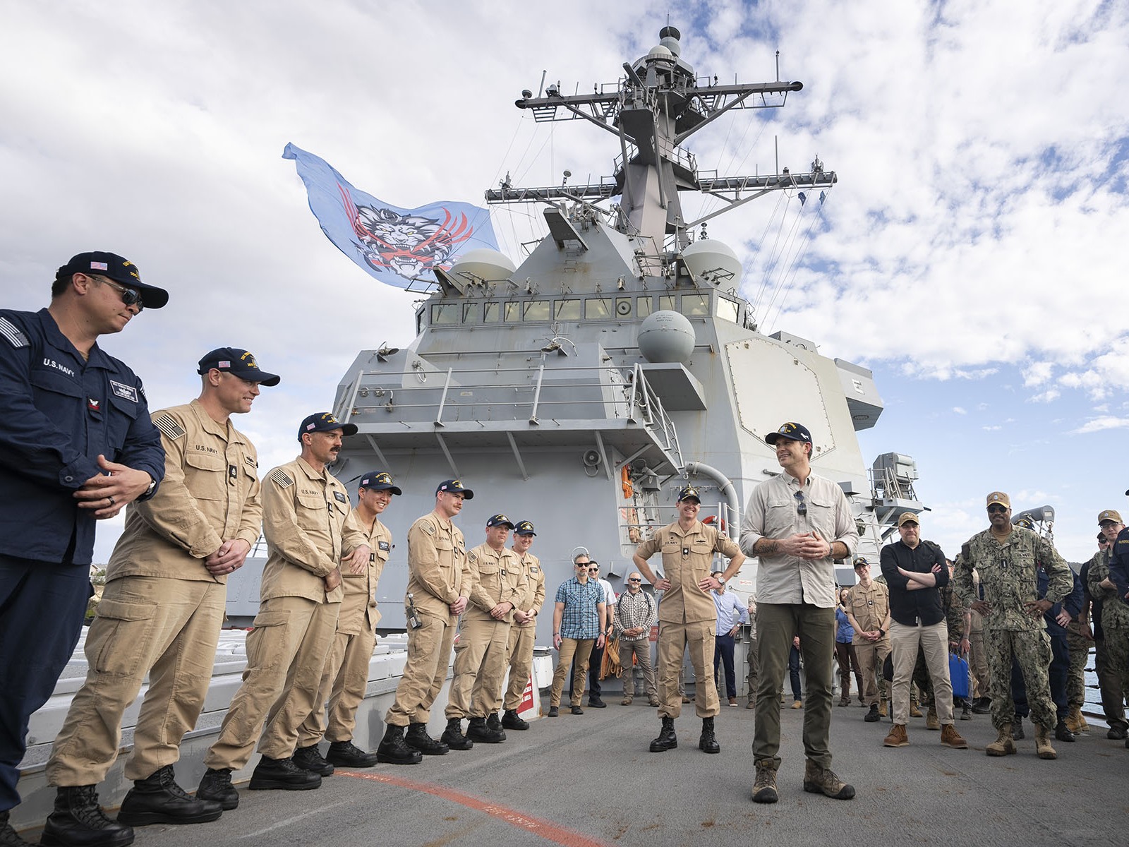 caption: Secretary of Defense Pete Hegseth meets with Sailors assigned to Arleigh Burke-class guided-missile destroyer USS Hudner (DDG 116) during his visit to Naval Station Guantanamo Bay, Cuba, Feb. 25, 2025.