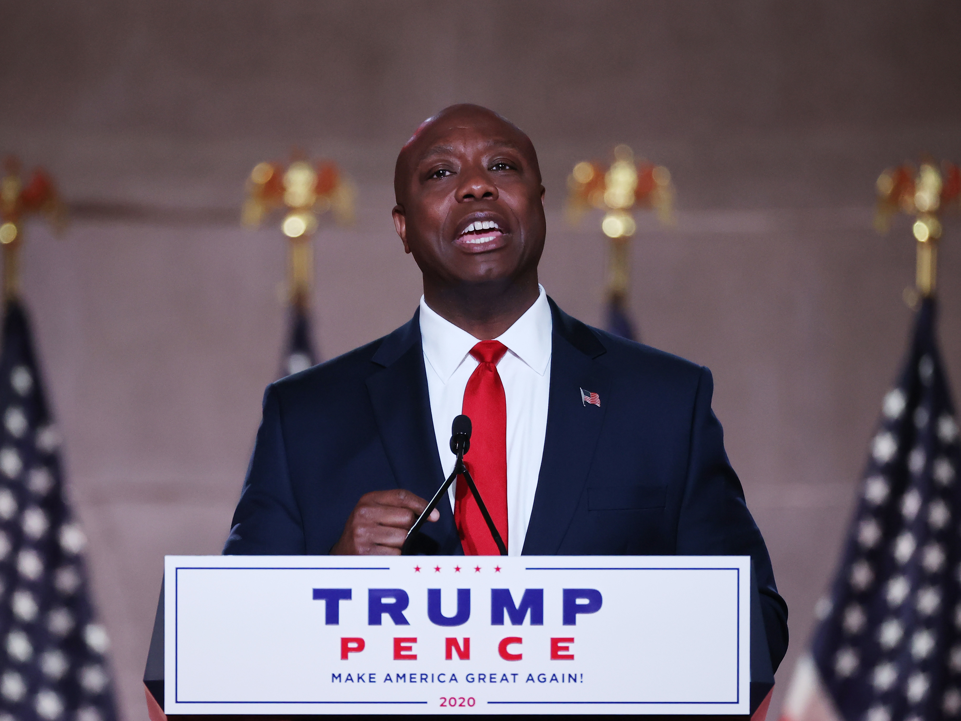 caption: Sen. Tim Scott, R-S.C., gave a policy-driven and hopeful speech at the Republican National Convention on Monday.