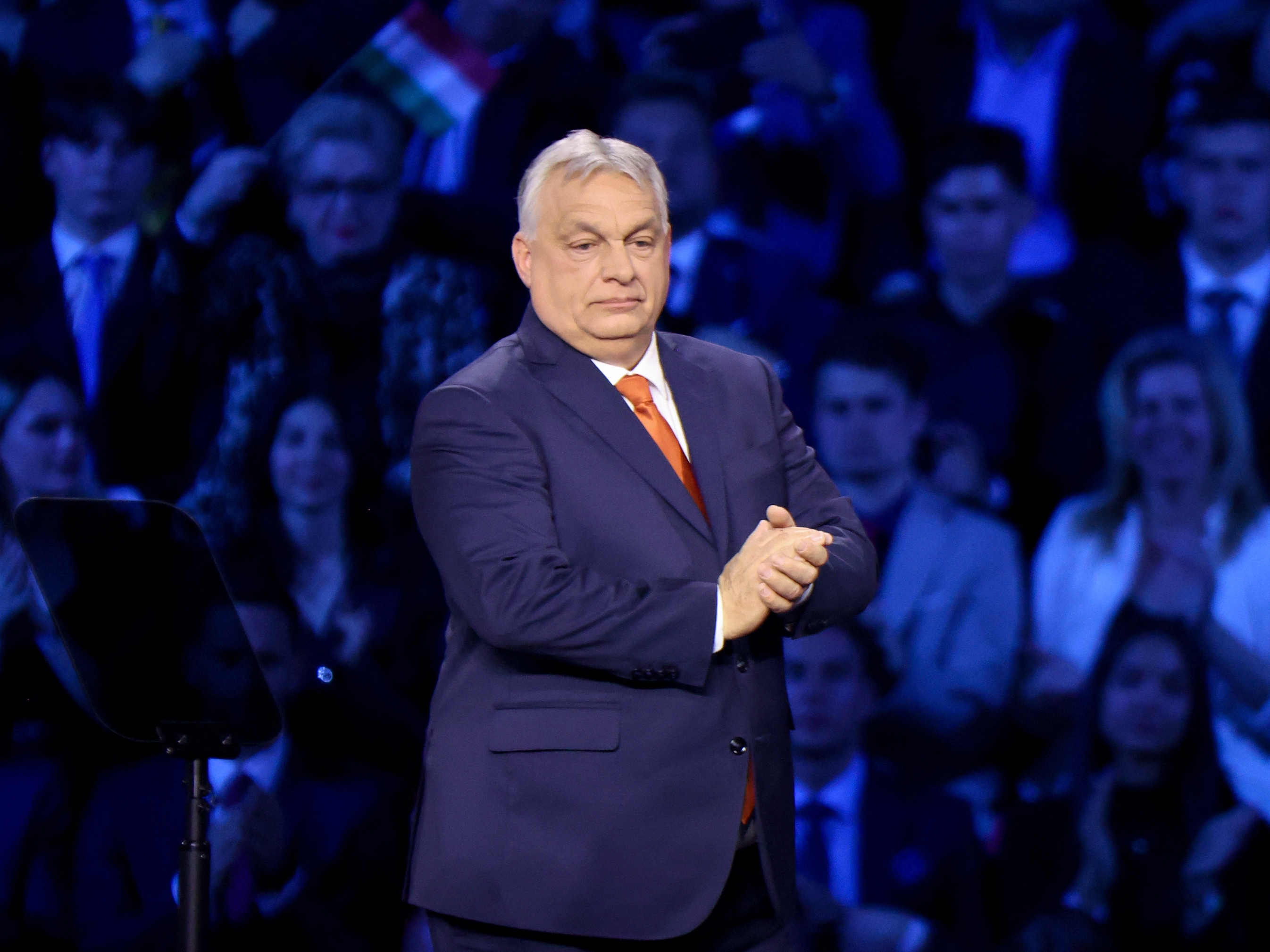 caption: Hungarian Prime Minister Viktor Orban arrives to address a "Day of Friendship" event at MTK Sportpark in Budapest, Hungary on April 7.