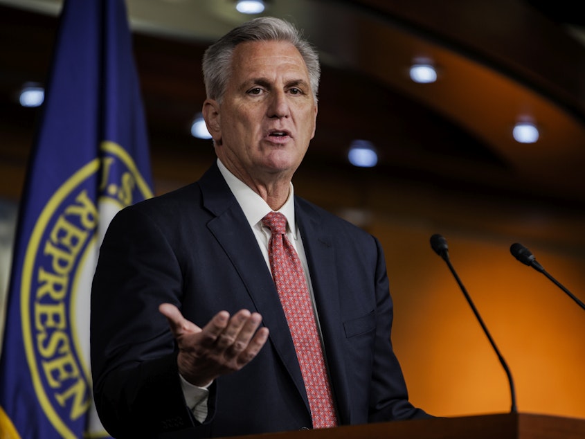 caption: House Minority Leader Kevin McCarthy (R-CA) speaks during his weekly press conference at the U.S. Capitol on Dec. 3, 2021 in Washington, D.C.