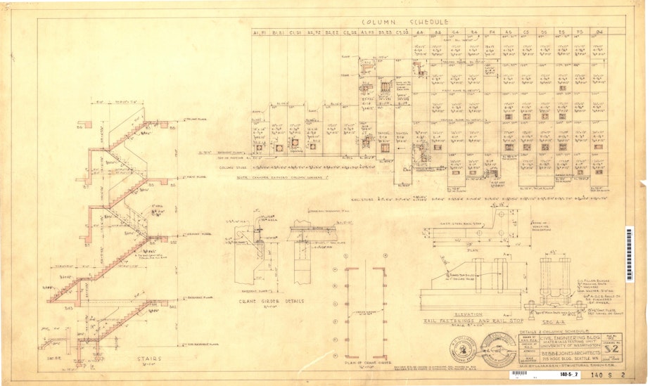 caption: Architectural drawings show details of the columns in More Hall, the 'scarily non-earthquake-proof' home of the University of Washington Department of Civil and Environmental Engineering.