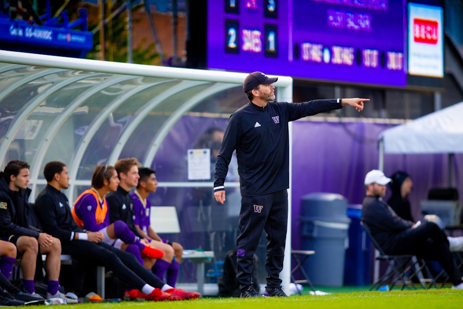 caption: University of Washington men's soccer coach Jamie Clark. 