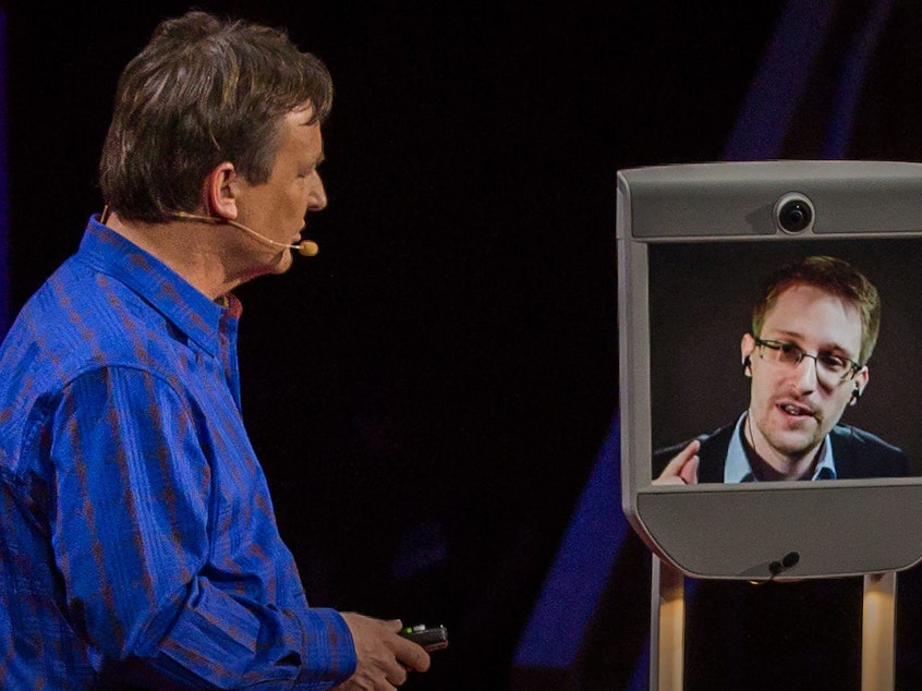 caption: Edward Snowden on the TED stage.